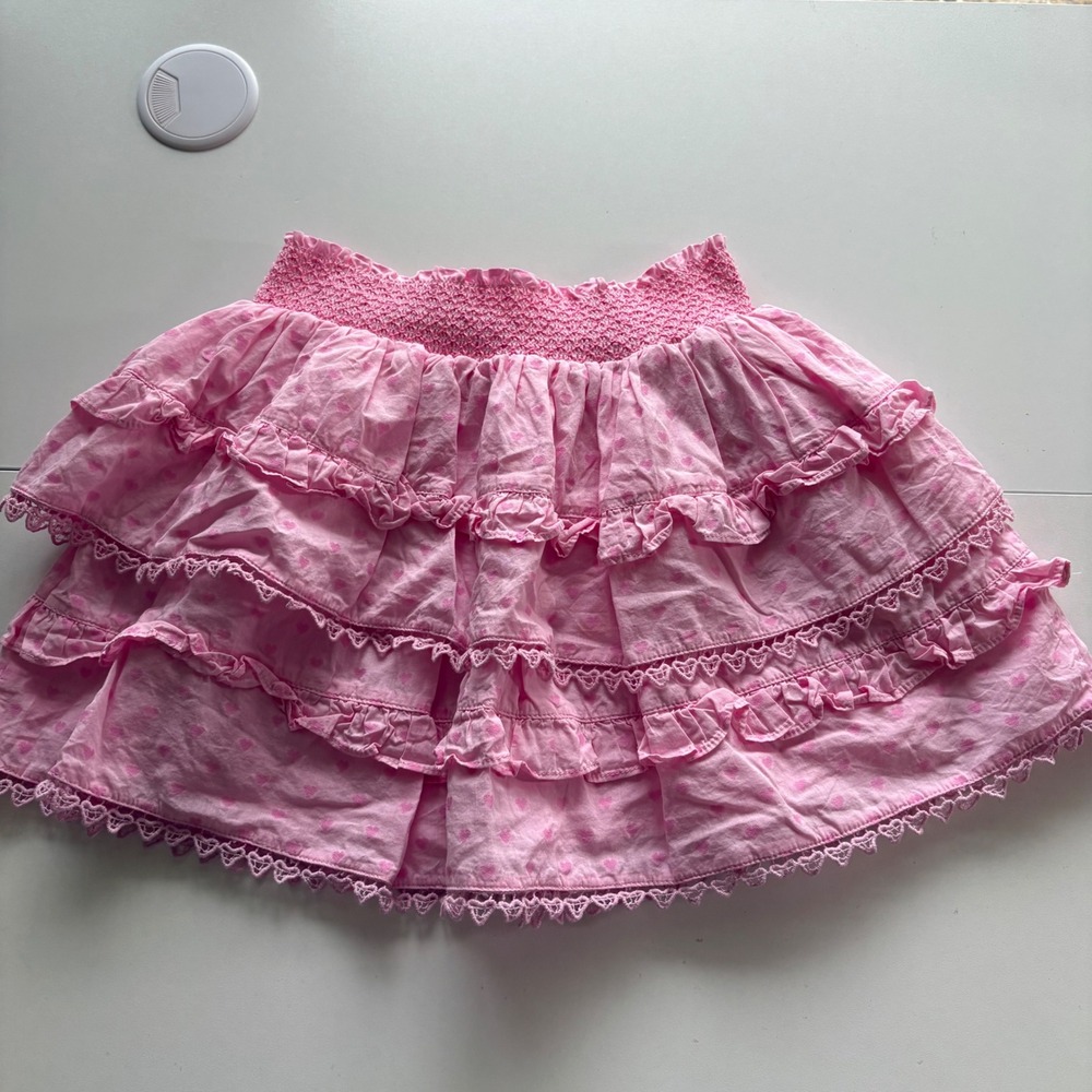 American Girl x LoveShackFancy Skirt Kids S 7/8 Pink Heart Tiered Ruffle Smocked